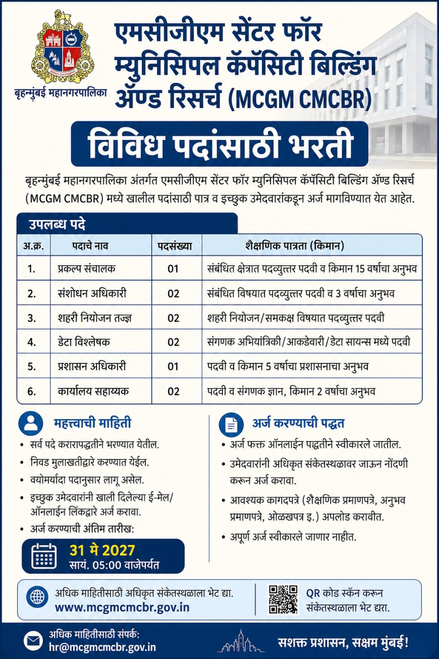 एमसीजीएम सेंटरमध्ये विविध पदांसाठी भरती; अर्जाची मुदत 5 व 11 मे 2026