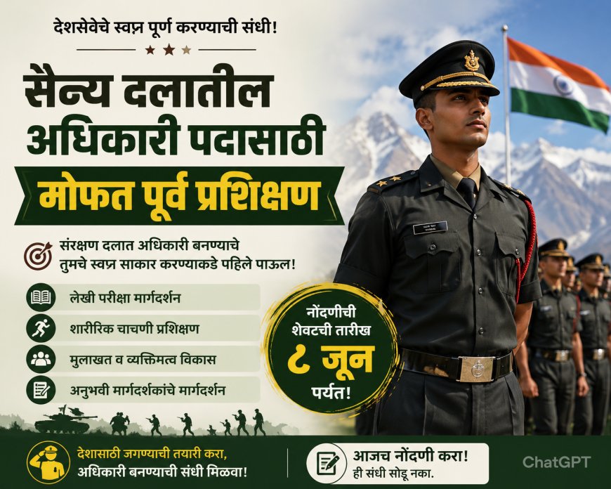 सैन्य दलातील अधिकारी पदासाठी मोफत पूर्व प्रशिक्षण; ८ जूनपर्यंत मुलाखतीस उपस्थित राहण्याचे आवाहन