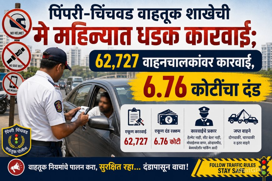 पिंपरी-चिंचवड वाहतूक शाखेची मे महिन्यात धडक कारवाई; 62,727 वाहनचालकांवर कारवाई, 6.76 कोटींचा दंड