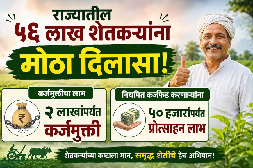 राज्यातील ५६ लाख शेतकऱ्यांना मोठा दिलासा; २ लाखांपर्यंत कर्जमुक्ती आणि नियमित कर्जफेड करणाऱ्यांना ५० हजारांपर्यंत प्रोत्साहन लाभ