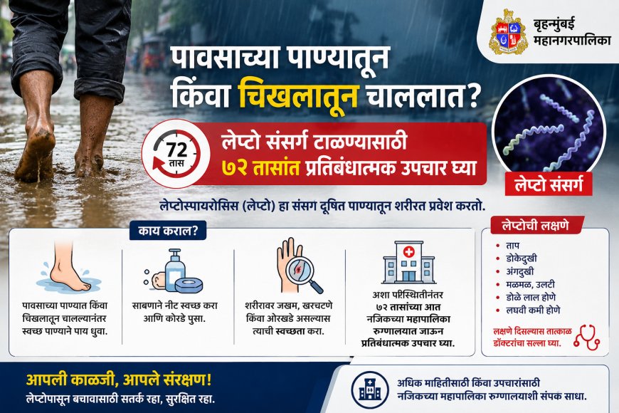 पावसाच्या पाण्यातून किंवा चिखलातून चाललात? लेप्टो संसर्ग टाळण्यासाठी ७२ तासांत प्रतिबंधात्मक उपचार घ्या – बृहन्मुंबई महानगरपालिकेचे आवाहन