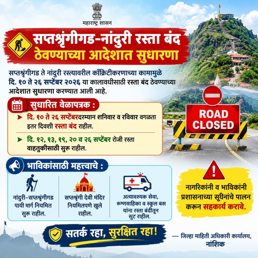 सप्तश्रृंगीगड-नांदुरी रस्ता बंद ठेवण्याच्या आदेशात सुधारणा; शनिवार-रविवारी वाहतूक सुरू राहणार